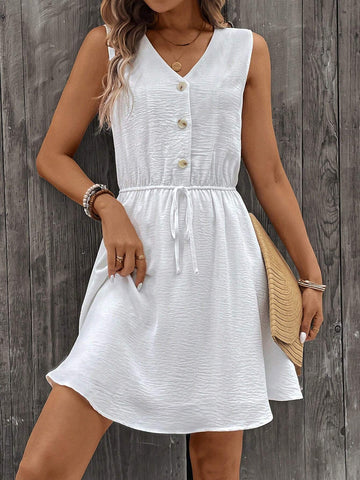 Women's Casual White V-Neck Elastic Waist Dress