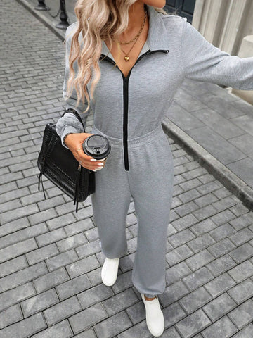 Women's Casual Zip-Up Colorblock Sports Jumpsuit, Autumn/Winter