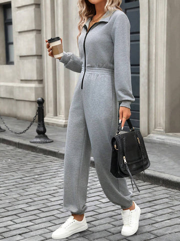 Women's Casual Zip-Up Colorblock Sports Jumpsuit, Autumn/Winter