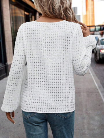 LUNE Women's Check Textured Casual/Office Puff Sleeve Top Shirt