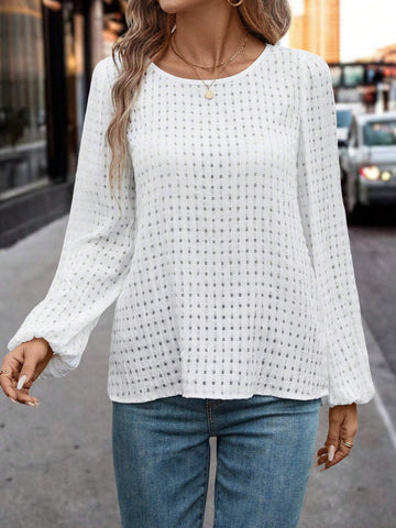 LUNE Women's Check Textured Casual/Office Puff Sleeve Top Shirt