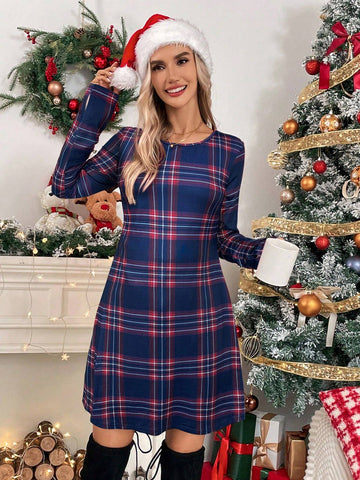 Women's Christmas Casual Plaid Long Sleeve Dress