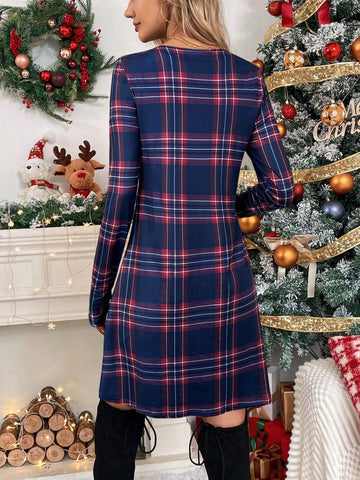 Women's Christmas Casual Plaid Long Sleeve Dress