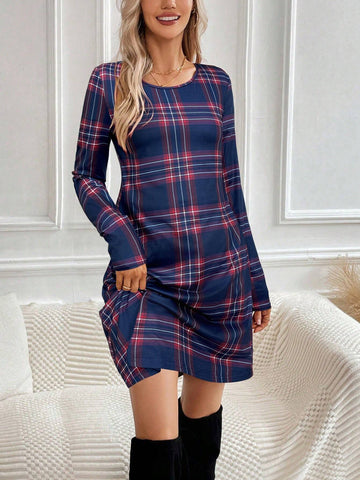 Women's Christmas Casual Plaid Long Sleeve Dress