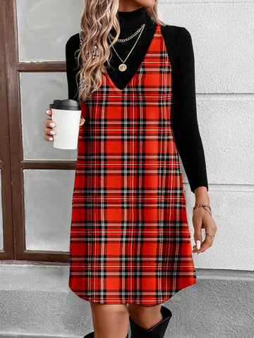 Women's Christmas Red Plaid Pattern Casual Minimal Design Short Dress, Suitable For Autumn