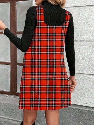 Women's Christmas Red Plaid Pattern Casual Minimal Design Short Dress, Suitable For Autumn