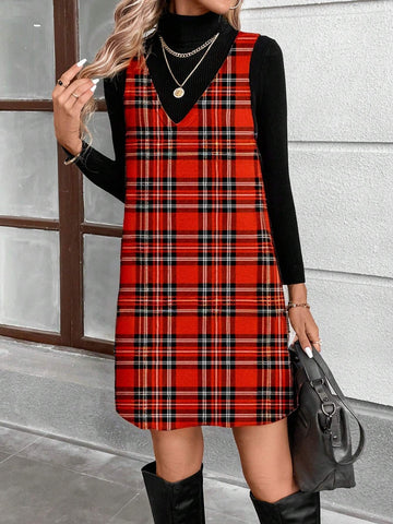 Women's Christmas Red Plaid Pattern Casual Minimal Design Short Dress, Suitable For Autumn