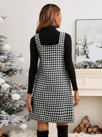 Women's Christmas Red & Black Herringbone Plaid Pinafore Dress, Casual Vintage Street