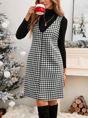 Women's Christmas Red & Black Herringbone Plaid Pinafore Dress, Casual Vintage Street