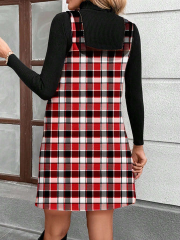Women's Christmas Red & Black Plaid Casual Minimalist Pattern Short Dress, Suitable For
