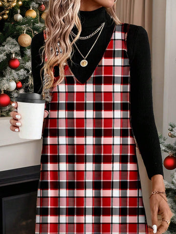 Women's Christmas Red & Black Plaid Casual Minimalist Pattern Short Dress, Suitable For