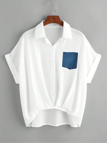 LUNE Women's Color Block Collar Denim Pocket Short Sleeve Shirt