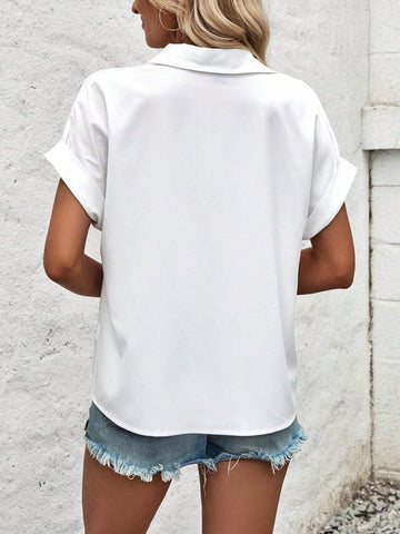 LUNE Women's Color Block Collar Denim Pocket Short Sleeve Shirt