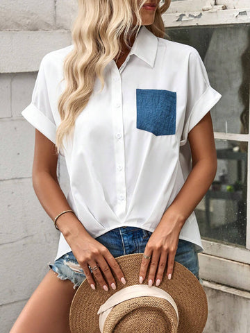 LUNE Women's Color Block Collar Denim Pocket Short Sleeve Shirt
