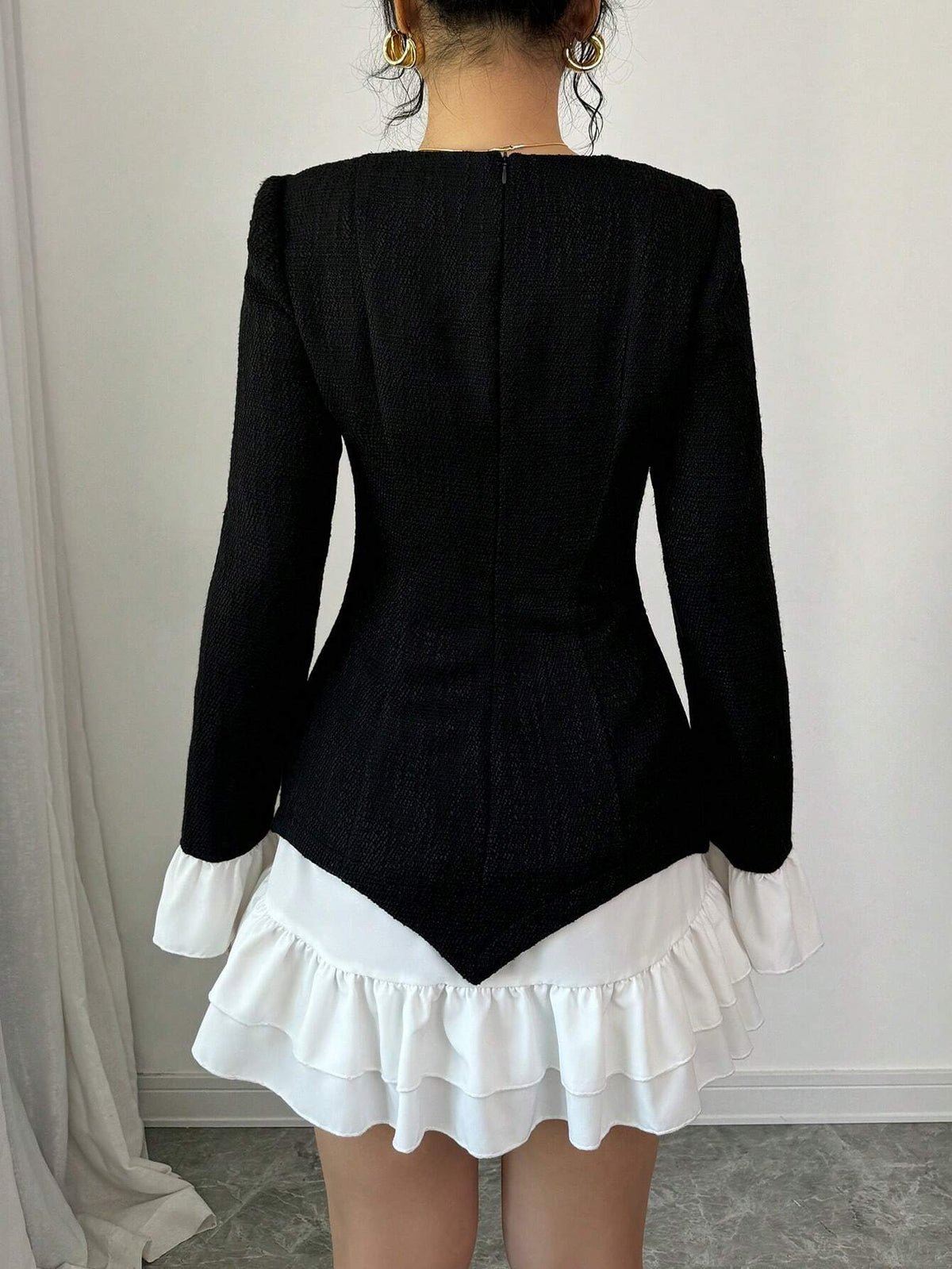 Women's Color Block Front Button Long Sleeve Casual Short Dress