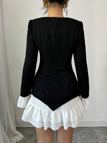 Women's Color Block Front Button Long Sleeve Casual Short Dress