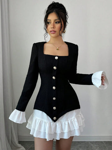 Women's Color Block Front Button Long Sleeve Casual Short Dress