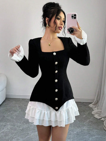 Women's Color Block Front Button Long Sleeve Casual Short Dress