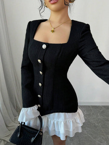 Women's Color Block Front Button Long Sleeve Casual Short Dress