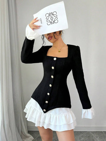 Women's Color Block Front Button Long Sleeve Casual Short Dress