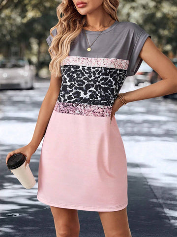 Women's Color Block Leopard Print Round Neck Short Sleeve Dress