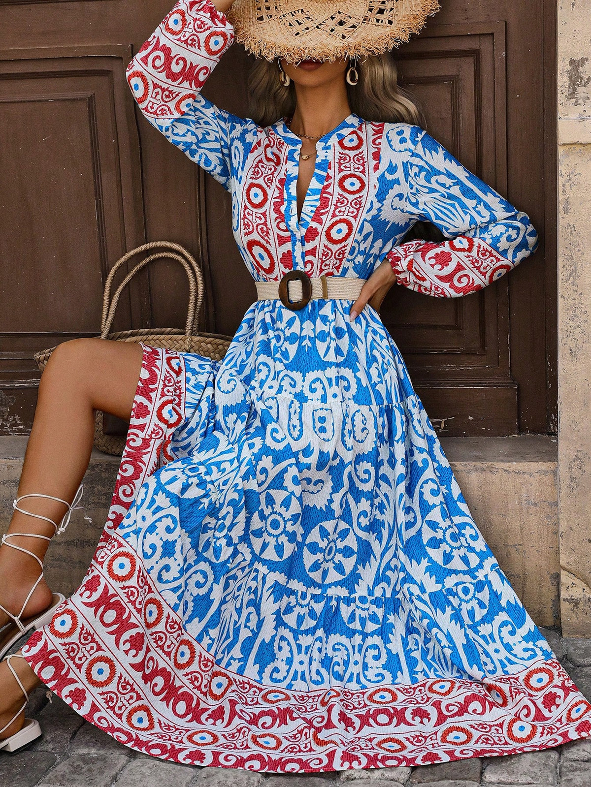 Women's Color Block Printed Notched Neckline Lantern Sleeves Shift Dress