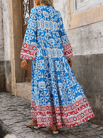 Women's Color Block Printed Notched Neckline Lantern Sleeves Shift Dress