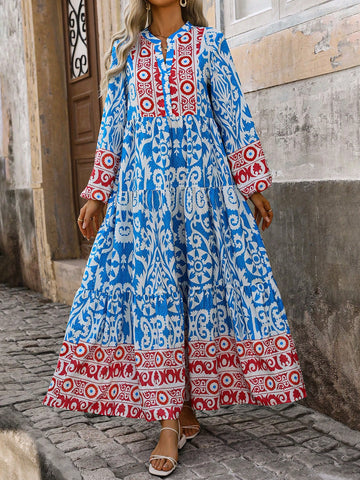 Women's Color Block Printed Notched Neckline Lantern Sleeves Shift Dress
