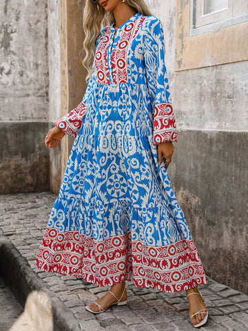 Women's Color Block Printed Notched Neckline Lantern Sleeves Shift Dress
