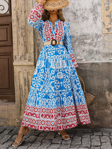 Women's Color Block Printed Notched Neckline Lantern Sleeves Shift Dress