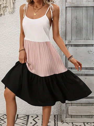 Women's Color Block Shoulder Knot Cami Dress