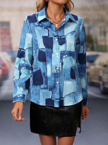 LUNE Women's Color Block Single-Breasted Long Sleeve Shirt For Summer