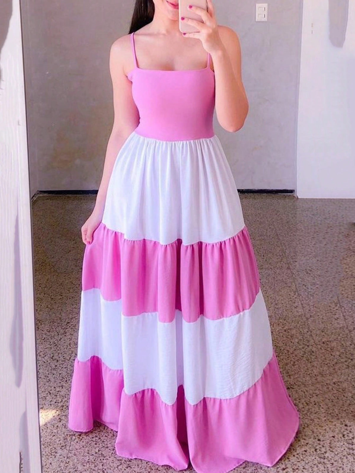 Women's Color Block Spaghetti Strap Multi-Layered Cake Skirt