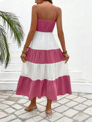 Women's Color Block Spaghetti Strap Multi-Layered Cake Skirt