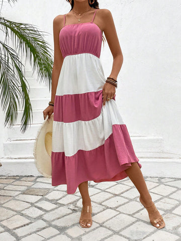 Women's Color Block Spaghetti Strap Multi-Layered Cake Skirt