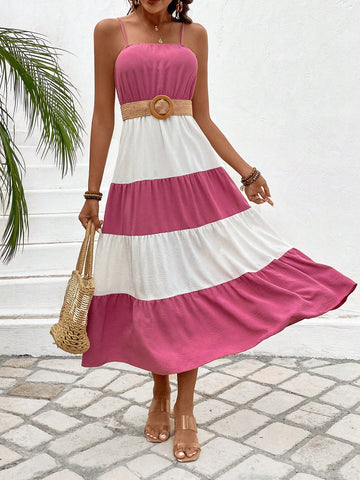 Women's Color Block Spaghetti Strap Multi-Layered Cake Skirt
