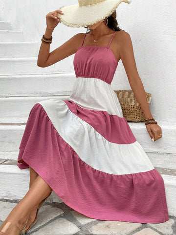 Women's Color Block Spaghetti Strap Multi-Layered Cake Skirt