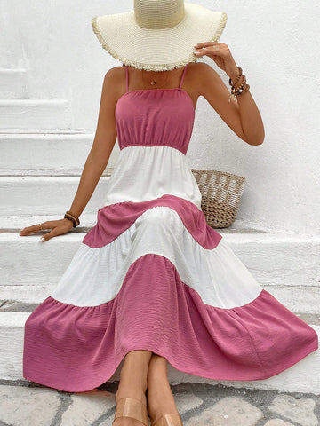 Women's Color Block Spaghetti Strap Multi-Layered Cake Skirt
