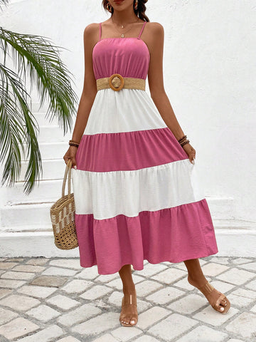 Women's Color Block Spaghetti Strap Multi-Layered Cake Skirt
