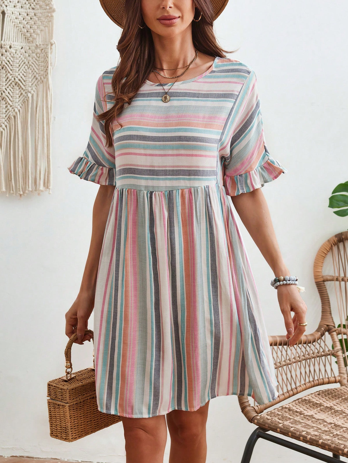Women's Color Block Striped Batwing Sleeve Dress With Ruffle Hem
