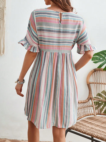 Women's Color Block Striped Batwing Sleeve Dress With Ruffle Hem