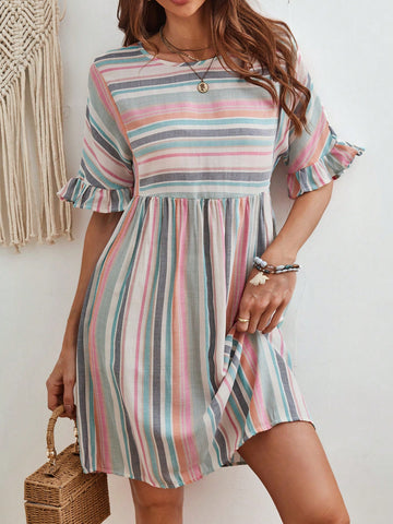 Women's Color Block Striped Batwing Sleeve Dress With Ruffle Hem