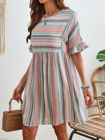 Women's Color Block Striped Batwing Sleeve Dress With Ruffle Hem