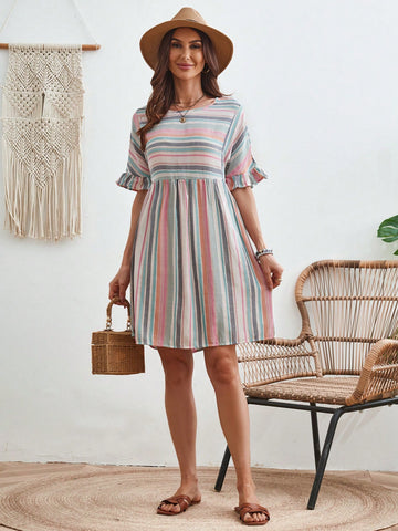Women's Color Block Striped Batwing Sleeve Dress With Ruffle Hem