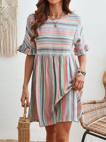 Women's Color Block Striped Batwing Sleeve Dress With Ruffle Hem