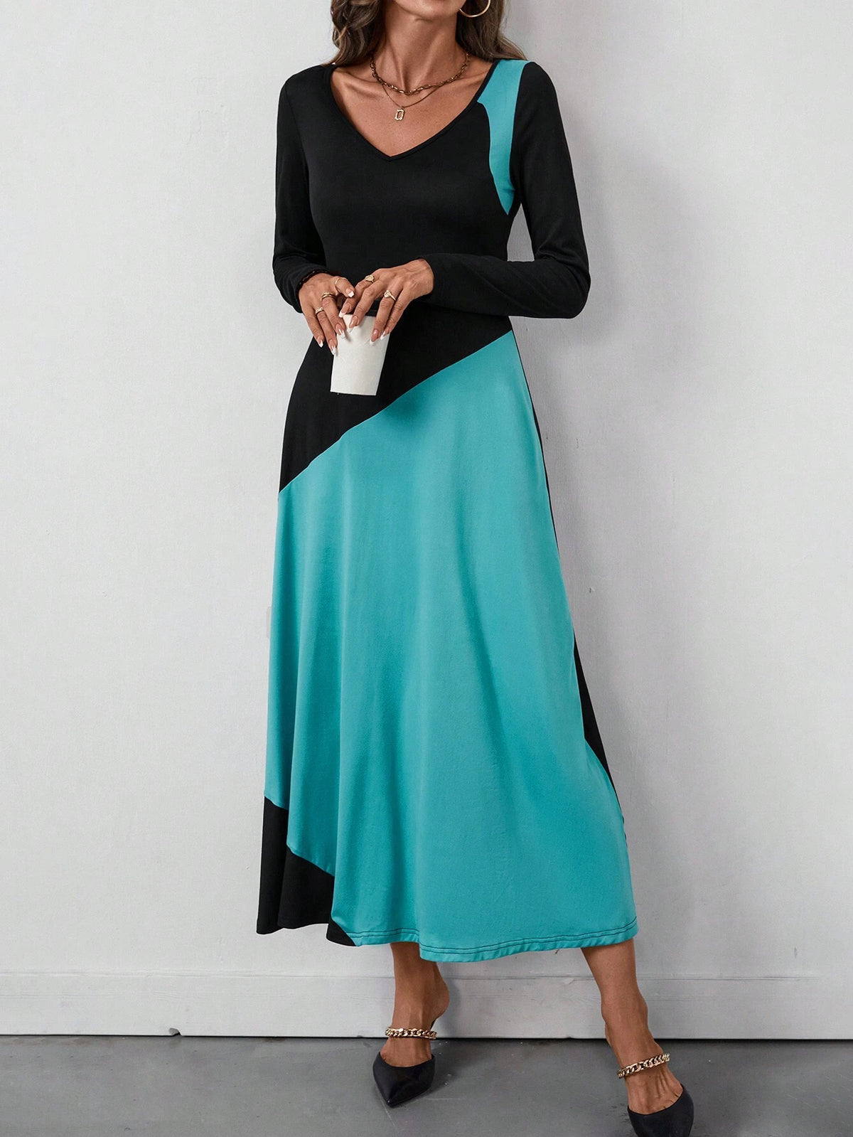 Women's Colorblock V-Neck Long Sleeve Maxi Casual Dress, Spring Summer