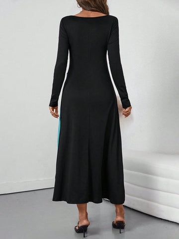 Women's Colorblock V-Neck Long Sleeve Maxi Casual Dress, Spring Summer