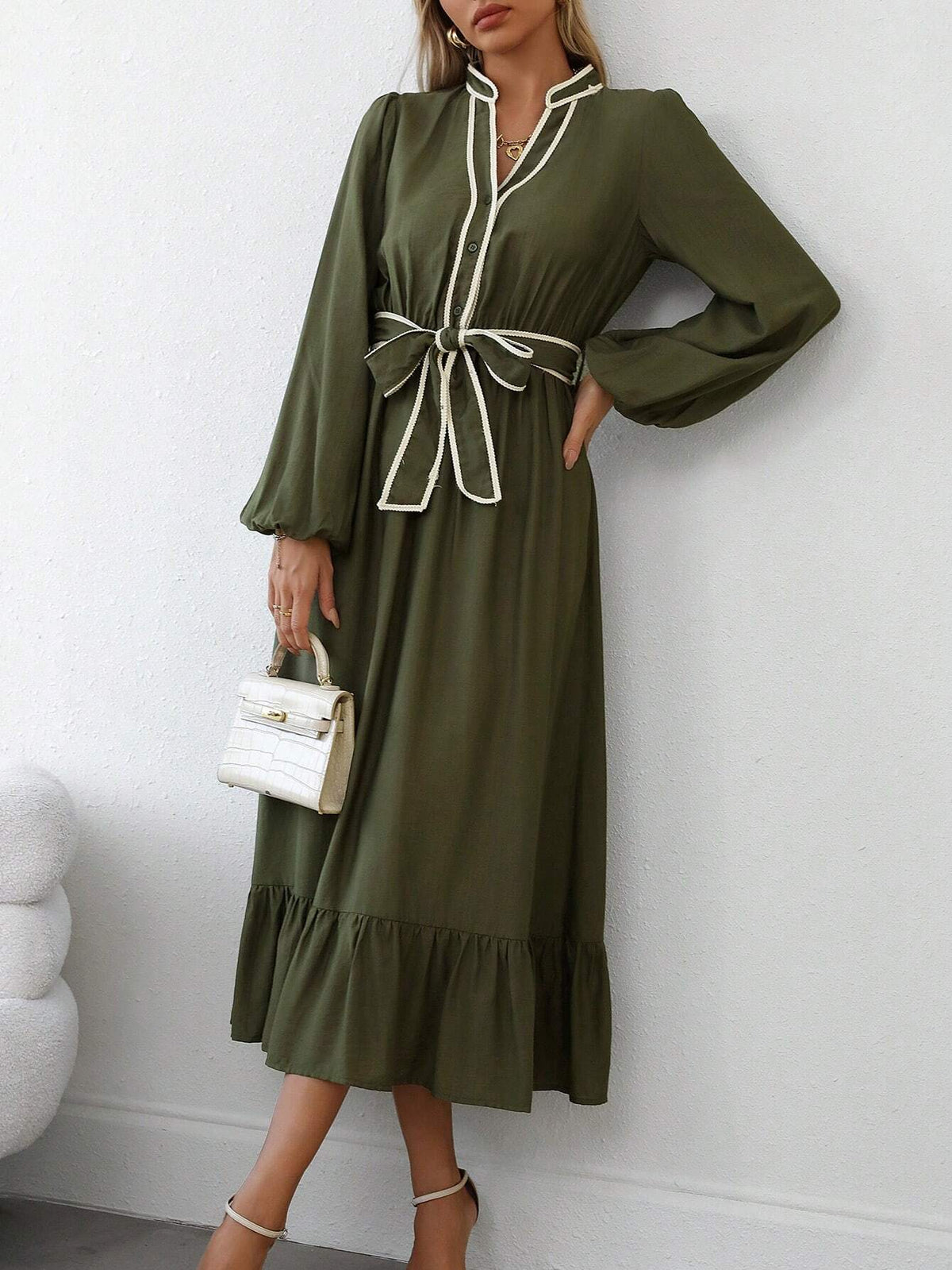 Women's Contrast Color Block Long Sleeve Tie Waist Pleated Midi Dress