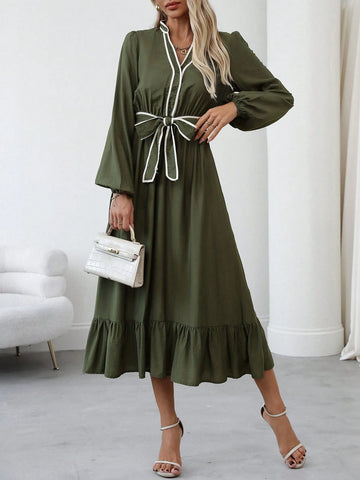 Women's Contrast Color Block Long Sleeve Tie Waist Pleated Midi Dress