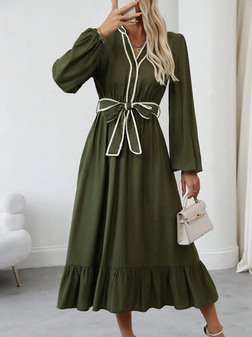 Women's Contrast Color Block Long Sleeve Tie Waist Pleated Midi Dress